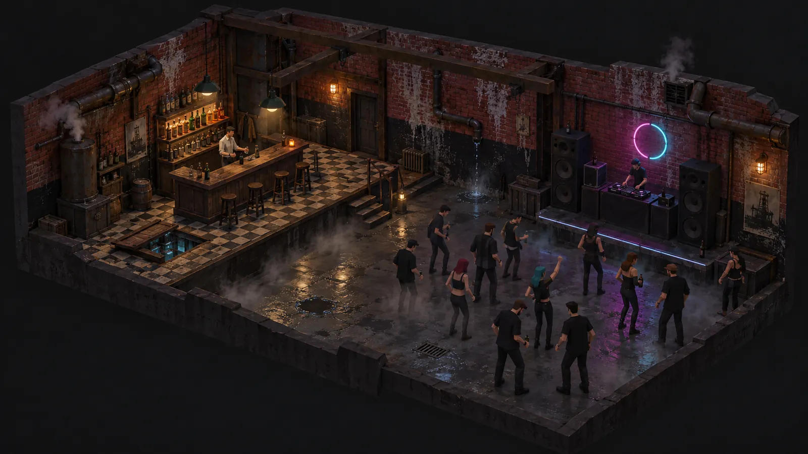 Concept art: the club interior with the bar on the left and a crowd on the dance floor
