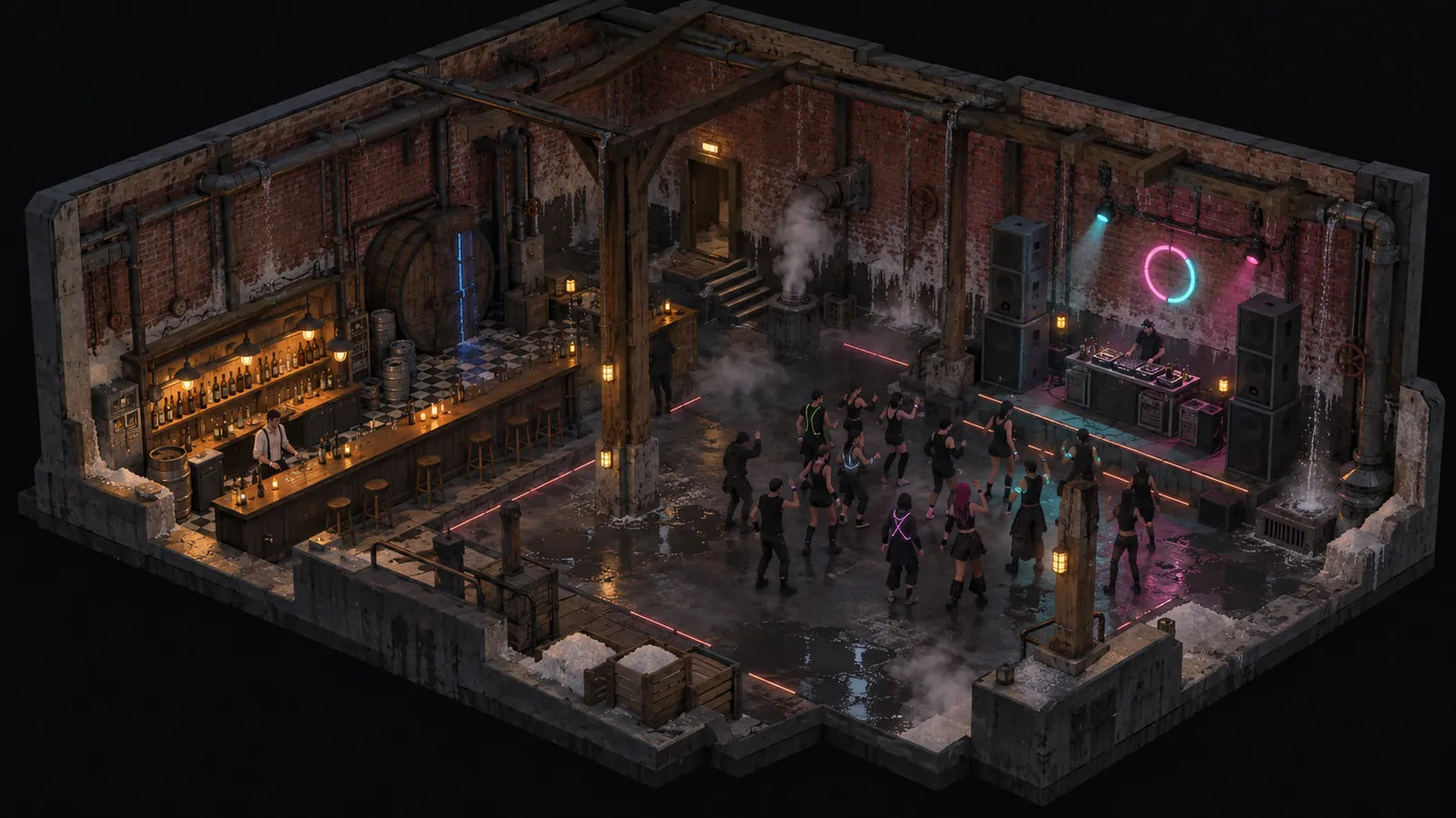 Concept art: the whole club as a cutaway room