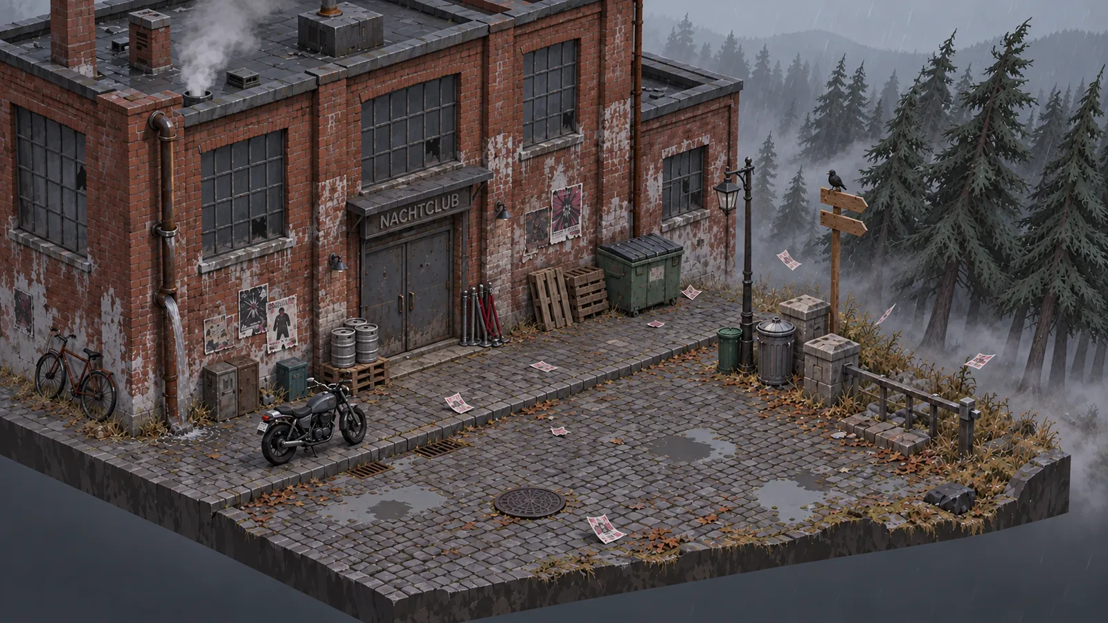 Concept art: the brick club by day, empty