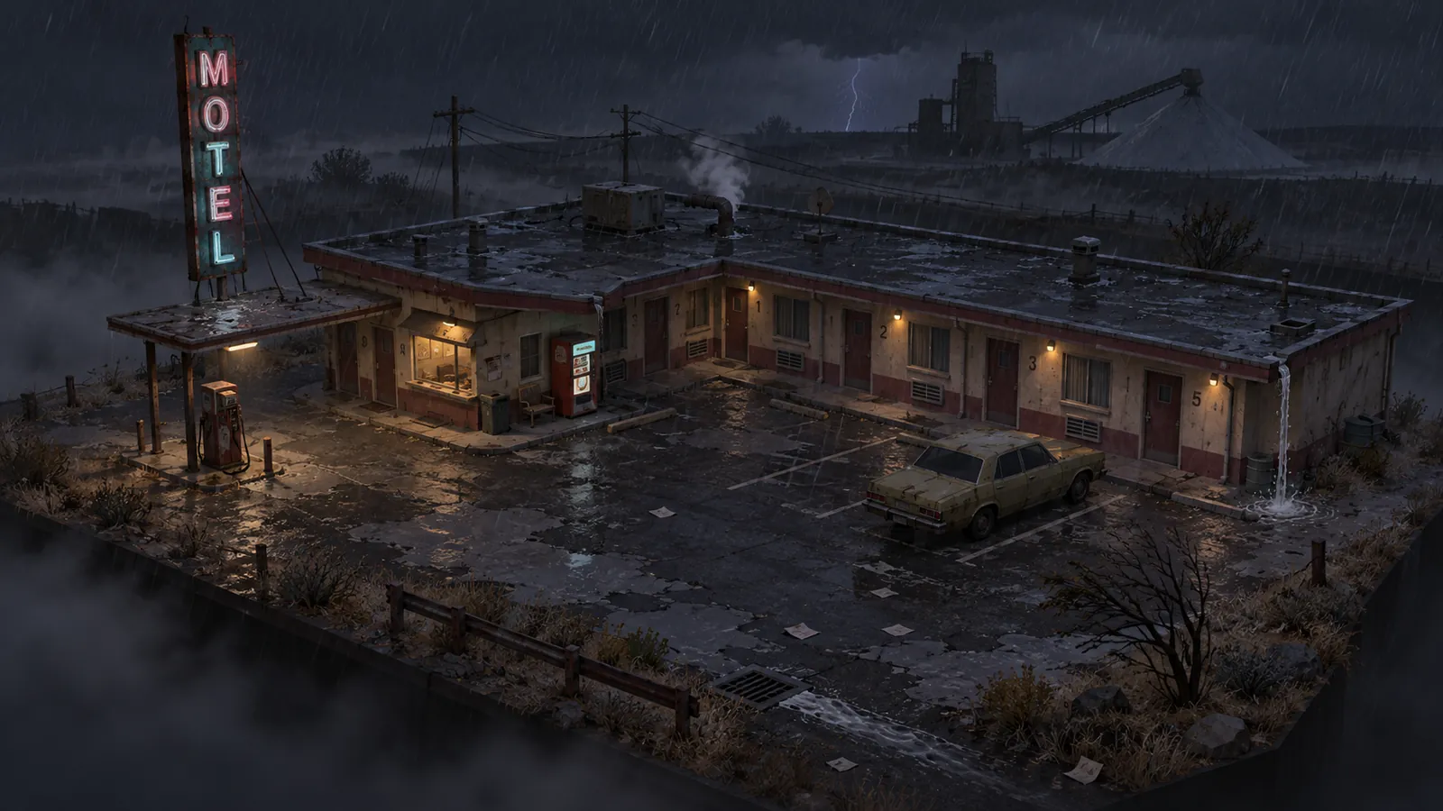 Concept art: a motel and petrol station on a wet night, a salt works behind them