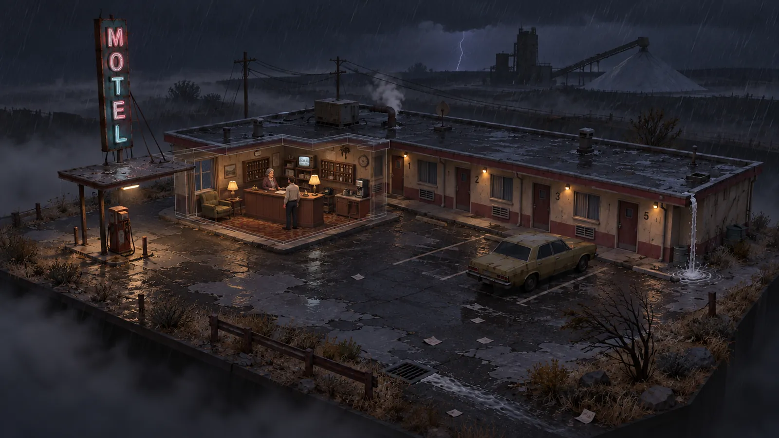 Concept art: the motel with its office lit