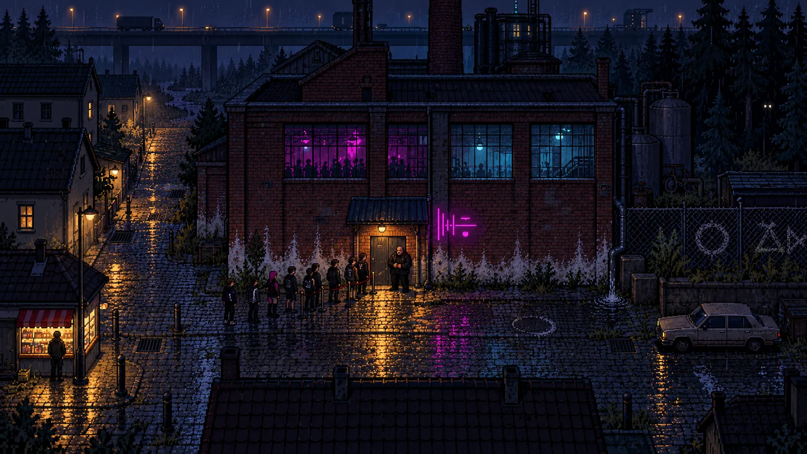 Concept art: a pixel-art view of the club and the street
