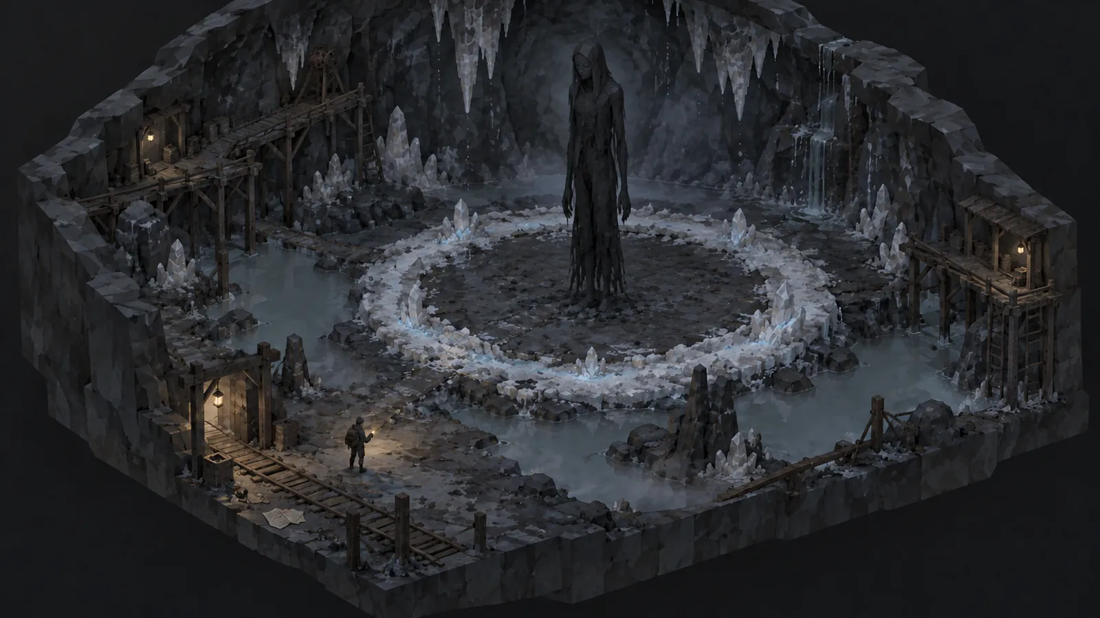 Concept art: a ring of salt in a cave with a tall shadow standing in it