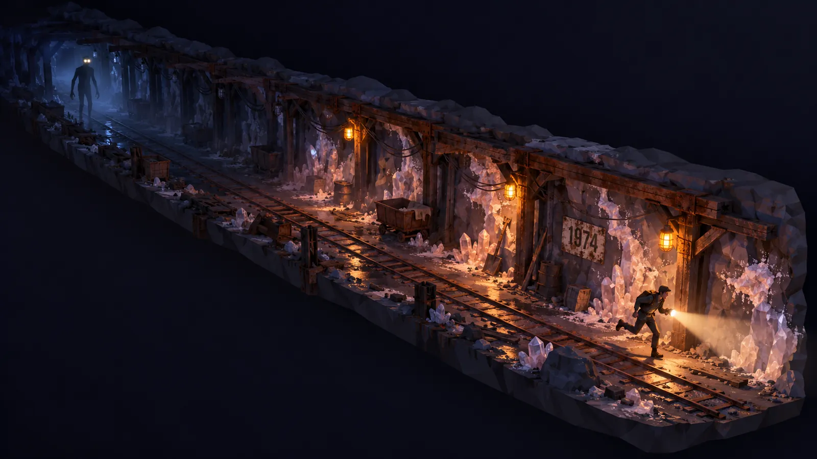 Concept art: a mine tunnel with rails, salt crystals and lamps